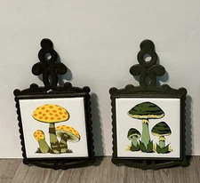 Vtg Mid Century Mushrooms Kitchen Trivet~Tile Cast Iron Decor~ Set of 2