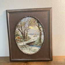 Vintage Framed Oval Needlepoint Creek Snow Forest Trail 1977