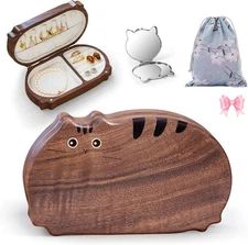 Cat Jewelry Organizer, Walnut Portable Box, Stores Rings, Necklaces,