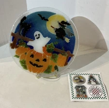 Peggy Karr Halloween Fused Art Glass Bowl Pumpkin Patch Ghost Witch Signed! 8.5"