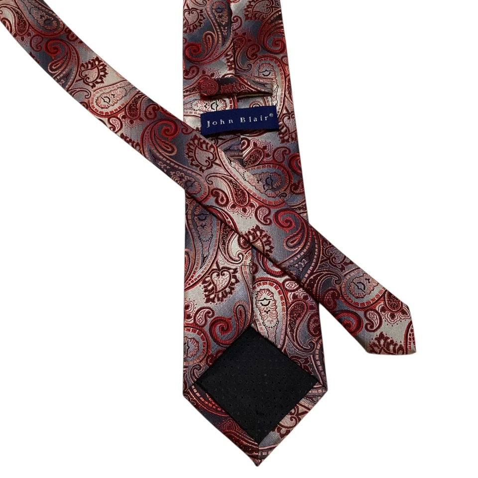 Corbata de diseñador JOHN BLAIR 100 % microfibra para hombre PAISLEY gris/rojo/rosa usada en excelente estado rara Foto 3 de 3