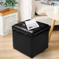 NNECW 40cm PU Leather Cube Storage Ottoman with Lid-Black