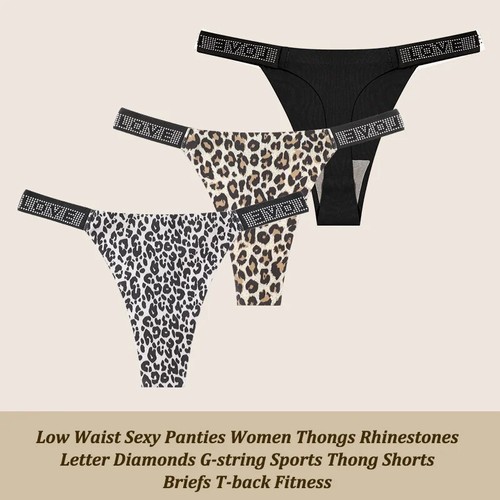 3Pcs/Set Low Waist Sexy Panties Women Thongs Rhinestones Letter Diamonds - Picture 15 of 23