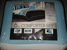 King 6 Pc. Comforter Blue Brown Shams Dust Ruffle Pillows Blanket Oversized NEW
