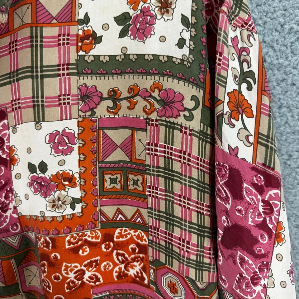 复古纽扣上衣女式大号丝绸红色花卉拼布波西米亚独立嬉皮士 — 第 4/4 张图片