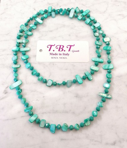 Long Collier Sautoir En Perles De Nacre Et Cristal D'Opale - Bleu Foncé