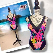 Vintage Totally 80s Neon V Neck Onepiece Bathing Suit, Size 11