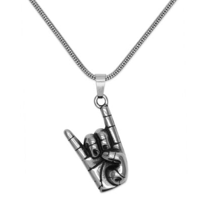 Edelstahl Kettenanhänger Pommesgabel mit Kette Heavy Metal Finger Rock Geste 