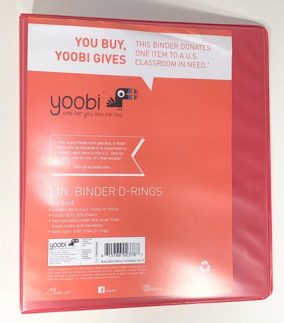 New Yoobi Binder, 1 inch D Ring, Holds 220 pages, School/Office