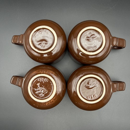 vtg usa 4pc wide mouth 12Oz RARE Heavy mug Set brown glaze embossed bird stamp - Picture 4 of 12
