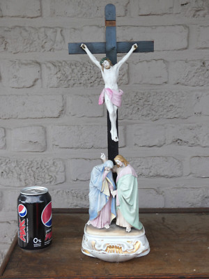 Antique vieux andenne bisque porcelain calvary holy water font crucifix