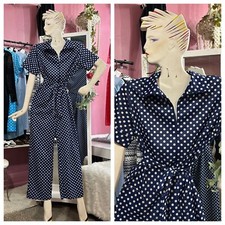 Vintage 70s Jumpsuit Blue White Polka Dot Zipper Front Pockets Belted Disco M/L