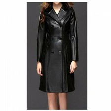 Hot! Women's Black Trench Coat 100% Soft Sheepskin Leather Double Breasted Coat