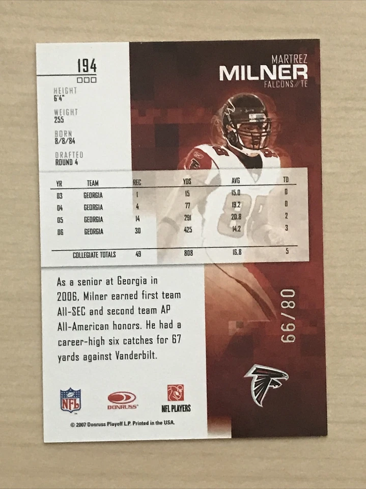 2007 Leaf Rookies & Stars Longevity Sapphire /99 Martrez Milner #194 Rookie RC - Image 2 of 2