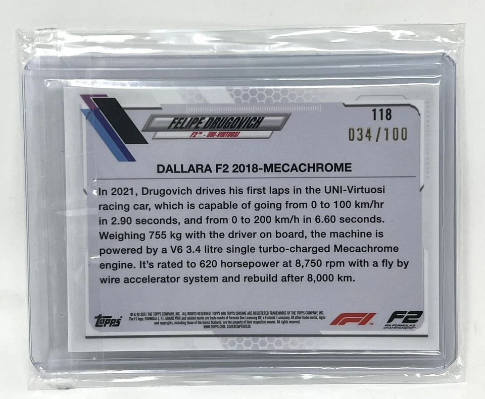 Felipe Drugovich F2 UniVirtuosi 034/100 Dallara F2 2018-MechaChrome Topps Chrome - Image 2 of 3