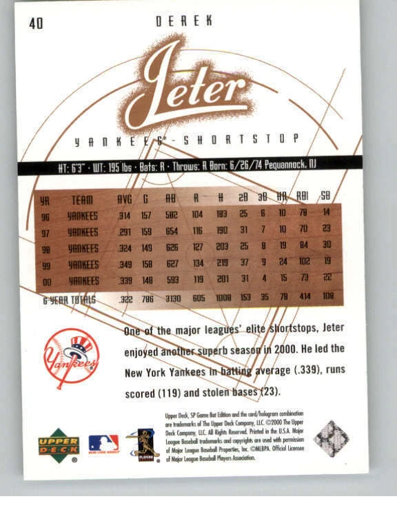 2001 SP Game Bat Edition #40 Derek Jeter (ref 145710) - Image 2 of 2