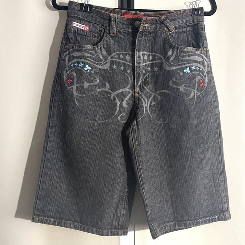 Vintage Phat Farm PF 92 Black Denim Long Shorts Embroidered And Print Size 16 - Picture 2 of 6