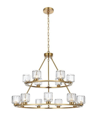 Large Chandelier 15 Light Fixture Dining Room Foyer Satin Gold Glass Shades 36''