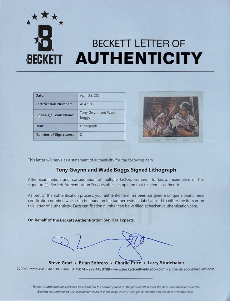 Wade Boggs & Tony Gwynn Signed 19x24 Batting Champions Lithograph BAS COA Padres - Image 3 of 4