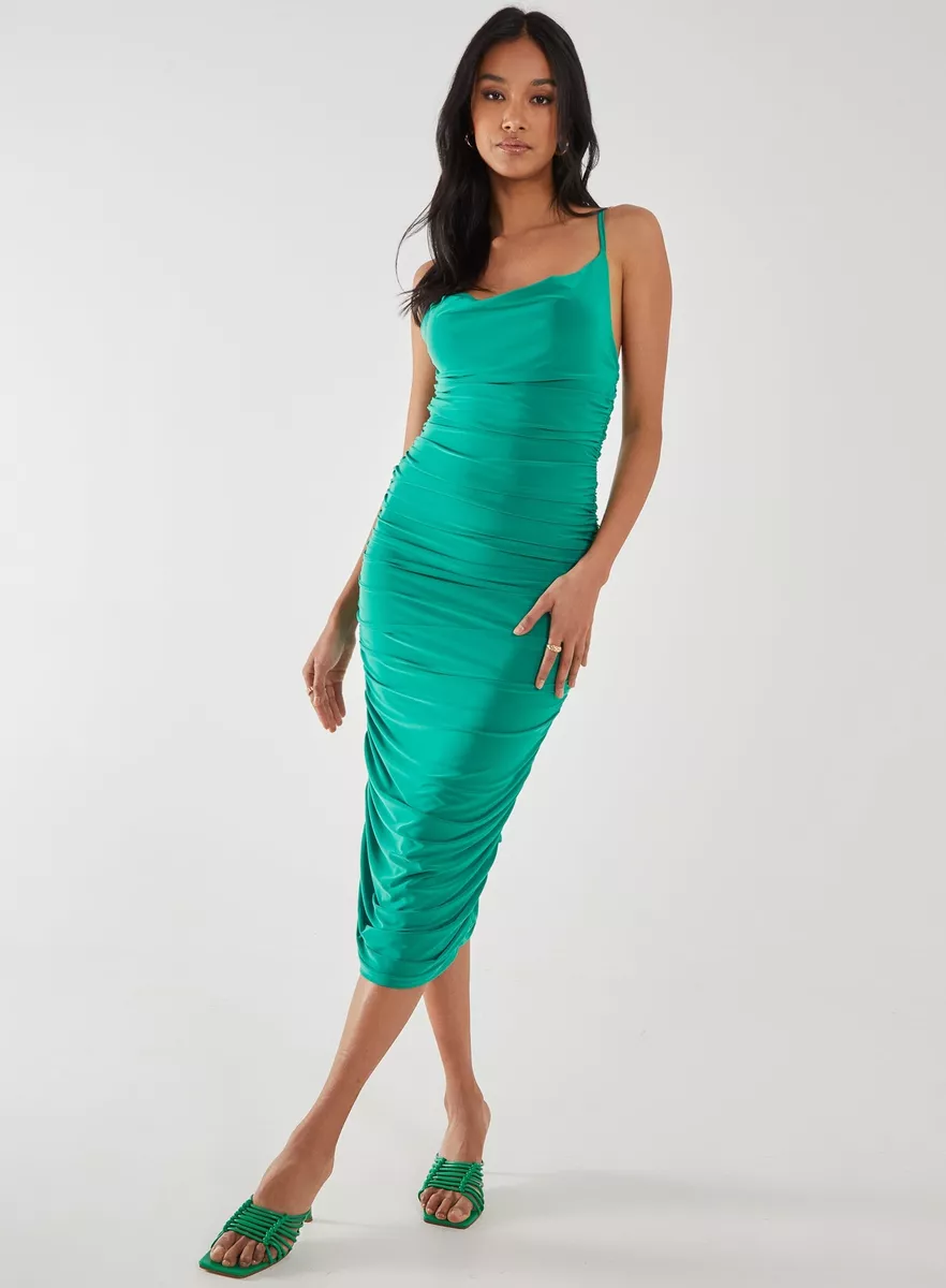 Pink Vanilla Womens Green Cowl Neck Gathered Slinky Midi Dress eBay