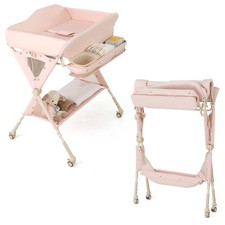 Baby Diaper Changing Table Folding Newborn Nursery Organizer W/ Wheel Pink