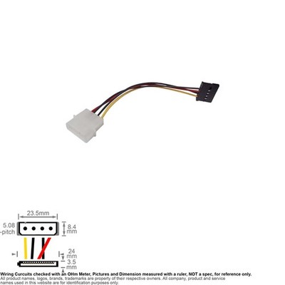 Cable Internal DC Power IDE Molex 4-Pin Male SATA 15-Pin Female 7''