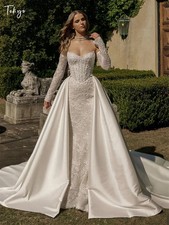 Elegant Mermaid Wedding Dress Strapless Back Zip Detachable Sleeves Bridal Gowns