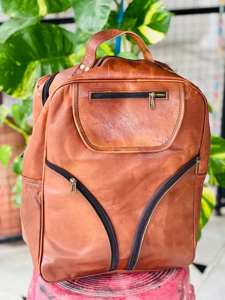 Genuine Goat Leather Vintage Laptop Bag Men's Large Gym Backpack Travel Rucksack - Image 3 of 4