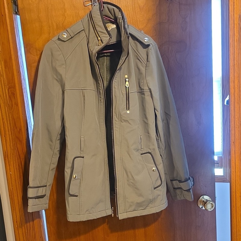 Michael Kors Women's Green Hooded Full Zip Lined Mid-Length Jacket Size L