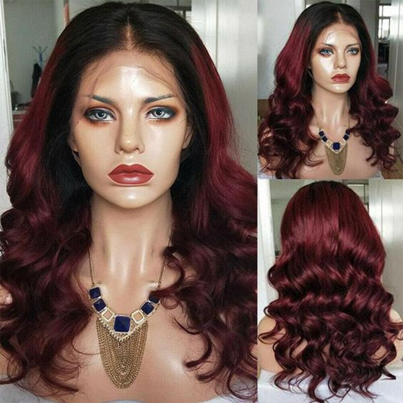 Long Wavy T Part Lace Front Human hair Wig Black Ombre  display picture 1