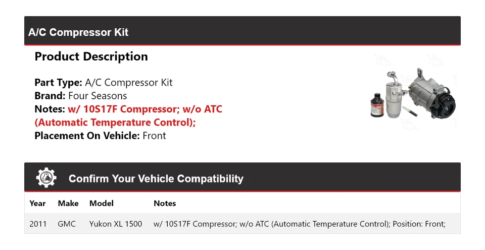 Kit de compresor de aire acondicionado delantero 4 estaciones para GMC Yukon XL 1500 2011 Foto 2 de 4