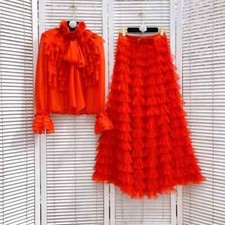 Robe Complète Femme Ensemble Tailleur Top Chemise Jupe Longue Rouge Satin 27326