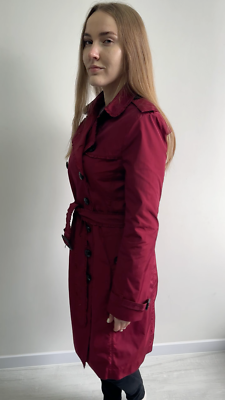 Women's BURBERRY Trench Coat Long Double Breasted Red RARE UK10
