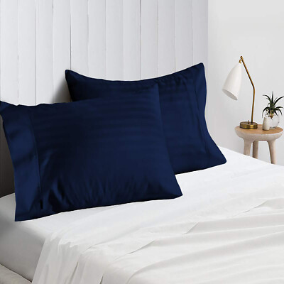 2 PCs OR 4 PCs Pillow Case Pair 100% Cotton Navy Blue Stripe Queen,King Size