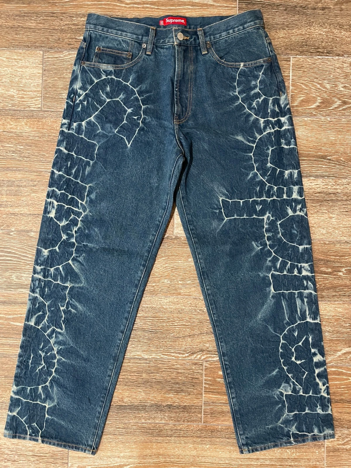 Jean rigide indigo Supreme Shibori taille 32 NEUF SS23 coupe lâche teint