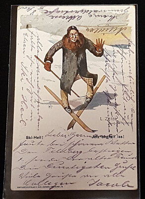 Postcard; artist card L. Zorn, Ski Heil!, 1906, Feldberg-Baden Baden;