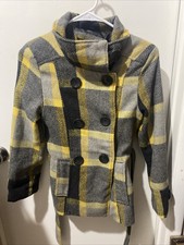 Yellow Black Plaid Peacoat For Women, Size Small S Double Breasted Jennifer J