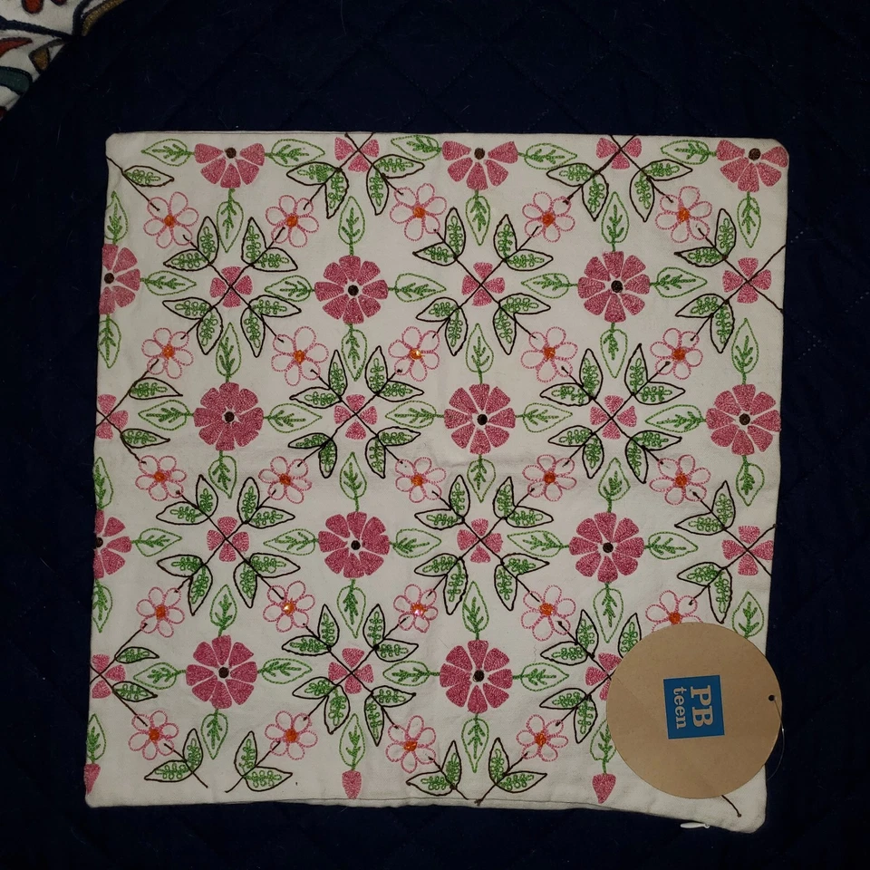 Pottery Barn Teen Pillow Cover, Pink & Green Embroidered Floral, 16 x 16 Square - Image 2 of 4
