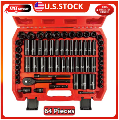 64Pcs 3/8'' Socket Set,Drive Impact Socket Set, Sae/Metric, Deep & Shallow, Cr-V