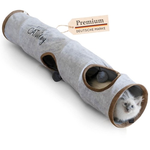 Premium Katzentunnel 120 x 24 cm I 3 Gucklöcher & Spielbälle I Katzen Spieltu...