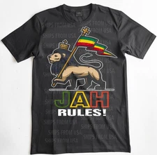 RASTA T-SHIRT. JAH RULES LION, LION OF JUDAH TEE, CONQUERING LION  SHIRT