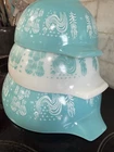 PYREX Vintage Amish Butterprint Turquoise White Cinderella Mixing Bowl Set