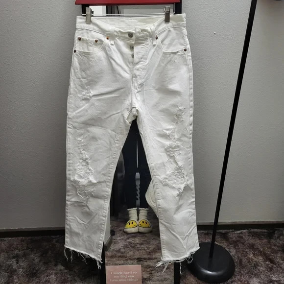 Levi's 501 100% Cotton White Distressed Jeans 27