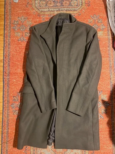 Men's Dark Charcoal Gray Wool Blend Overcoat Stand Collar Throat Tab Unbranded - product listing photo