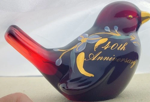 Fenton Ruby Red Amberina Bird Hand Painted 40th Anniversary Gold Floral Vintage