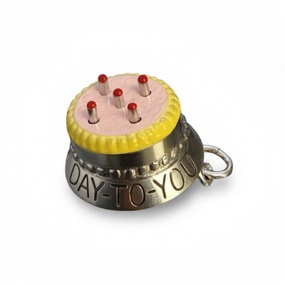 Vintage silver HAPPY BIRTHDAY CAKE ENAMEL MOVEABLE POP UP CANDLES charm #M