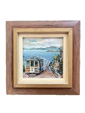Jean Bowler Powell-Hyde SF Cable Car Route Miniature Original Oil Board Painting