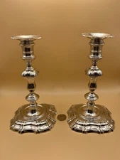PAIR CAST STERLING SILVER GEORGE II CANDLESTICKS, JAMES GOULD / S HENNELL 1097g