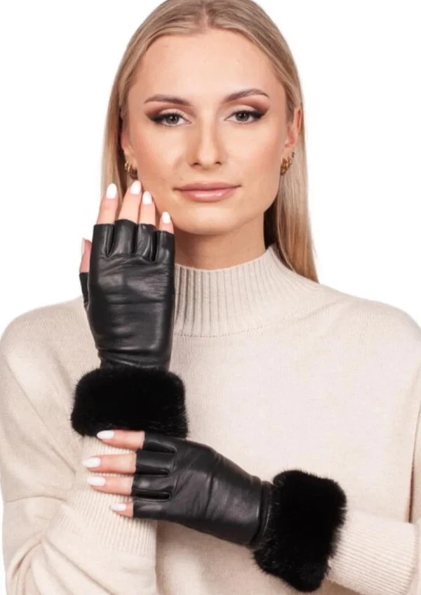 Women Black Leather Fingerless Gloves With Mink Fur Trim,Handmade Elegant Gloves