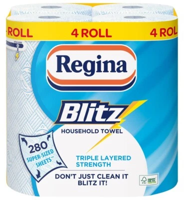 Pack Of 4 Regina Blitz 3 Ply Kitchen PaperTowel Rolls Household Towel Jumbo XXL